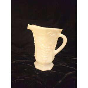 Vintage Milk Glass Pitcher With Embossed Grape Vine Design & Hexagonal Base